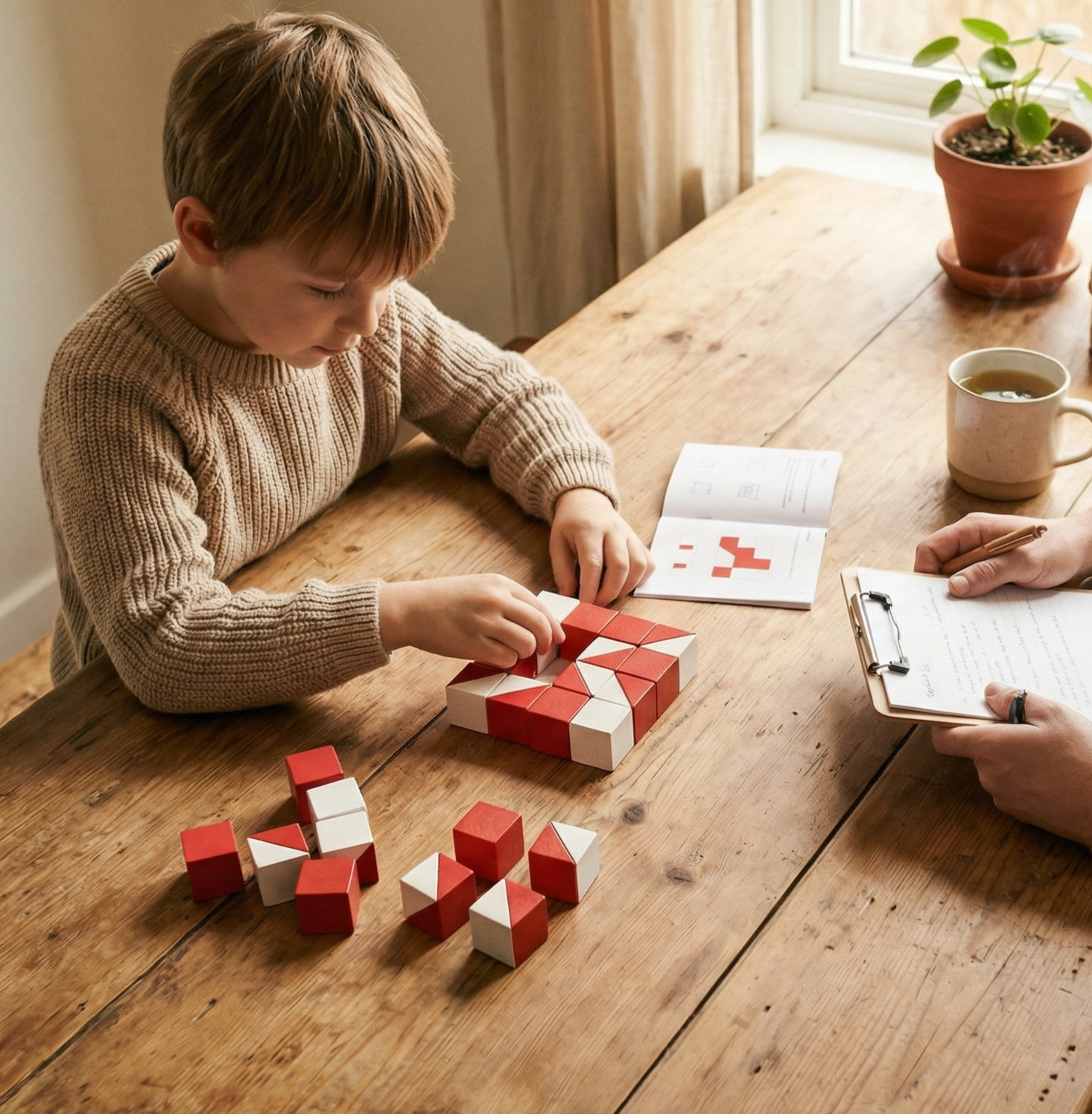Child working on Block Design task with red and white cubes during neuropsychological evaluation
