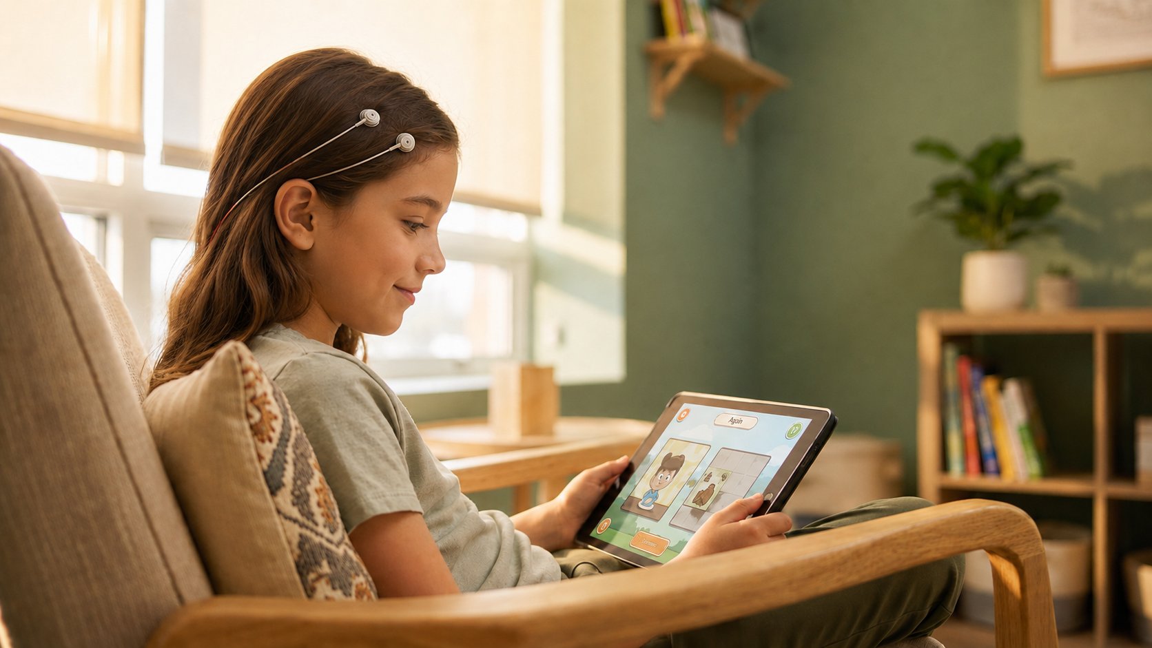 A child using a tablet while wearing small scalp electrodes during a neurotherapy session